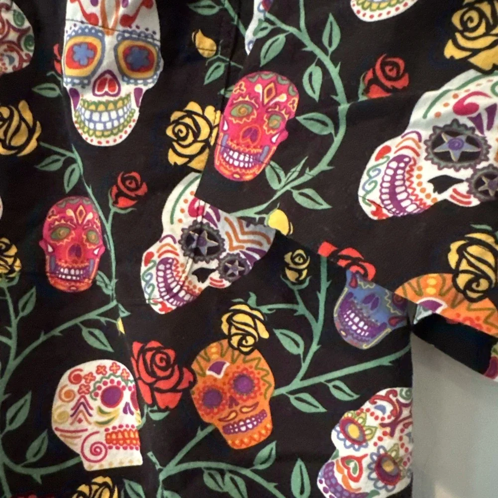 David Carey Originals Mens LG Dia De Los Muertos Sugar Skulls Button Up Shirt
